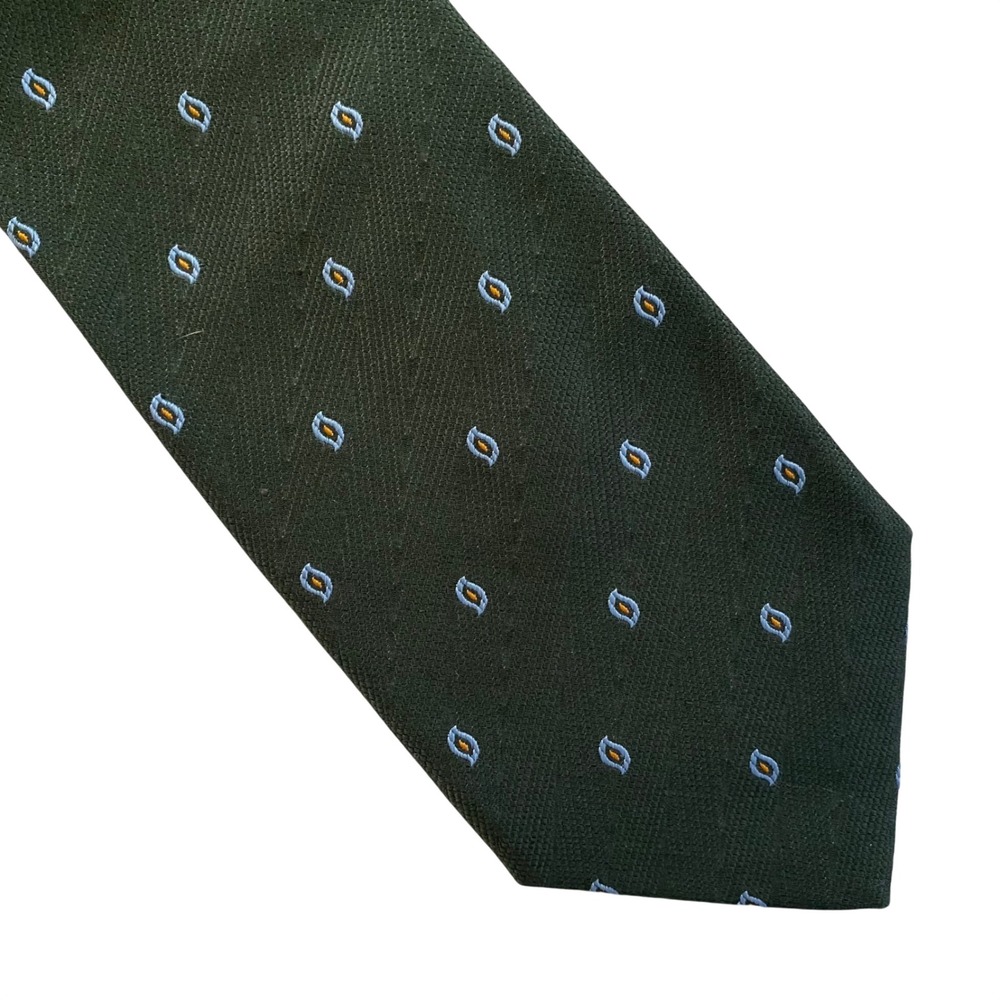 Vintage Brioni Mens Silk Tie Dark Olive Green Geometric Teardrop Handmade Italy